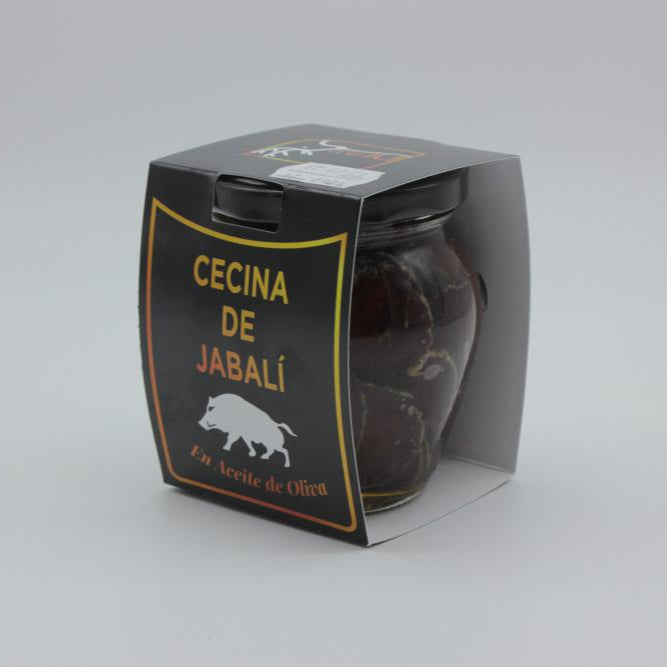 Jar of wild boar cured meat in olive oil