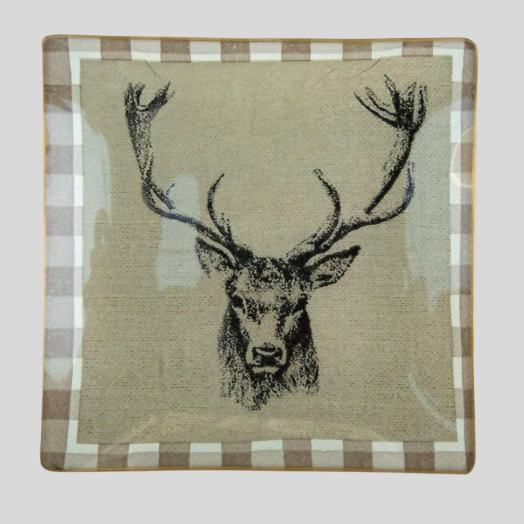 Square glass plate BROWN DEER DRAWING Tellerwelt 